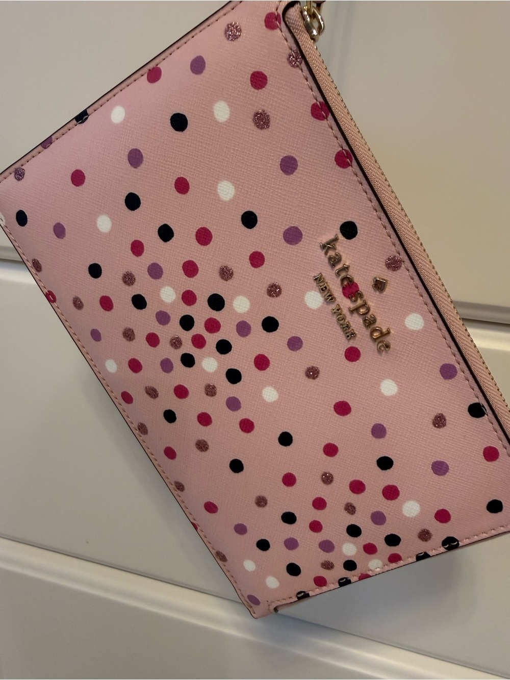 kate spade Pink Polka Dot Zip Wristlet with Gold Logo